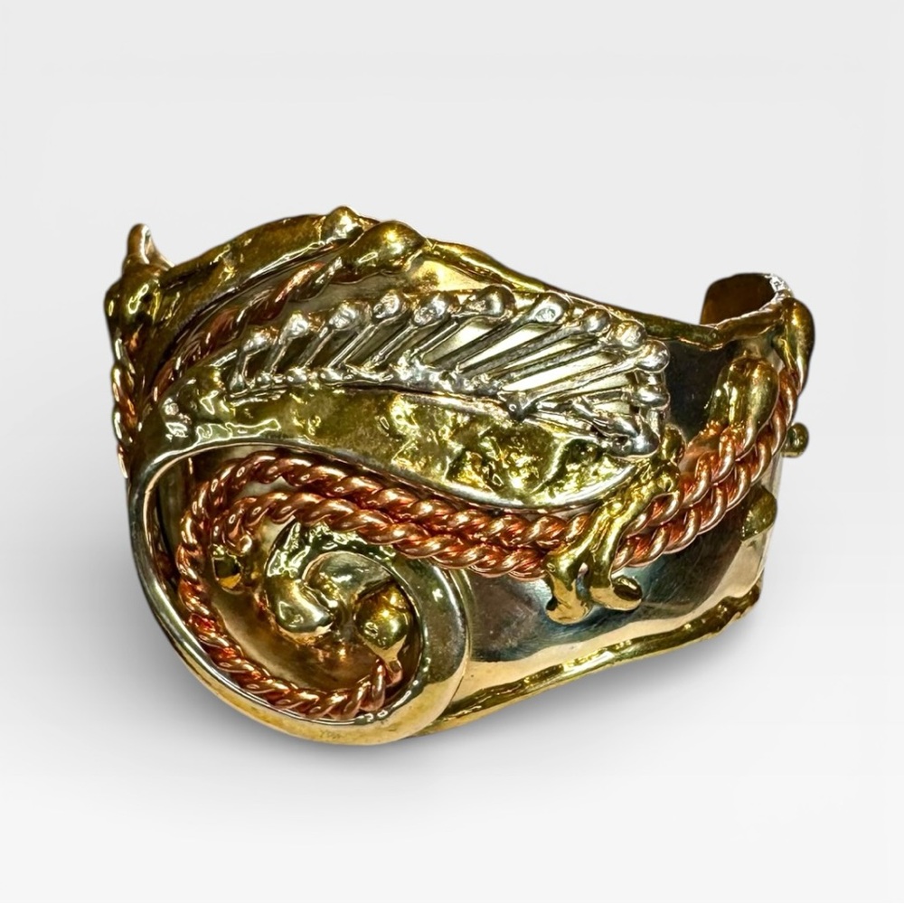 VINTAGE ARTISAN 1970s Brutalist Mixed Metal Bangle Cuff Bracelet, Adjustable - Picture 8 of 13